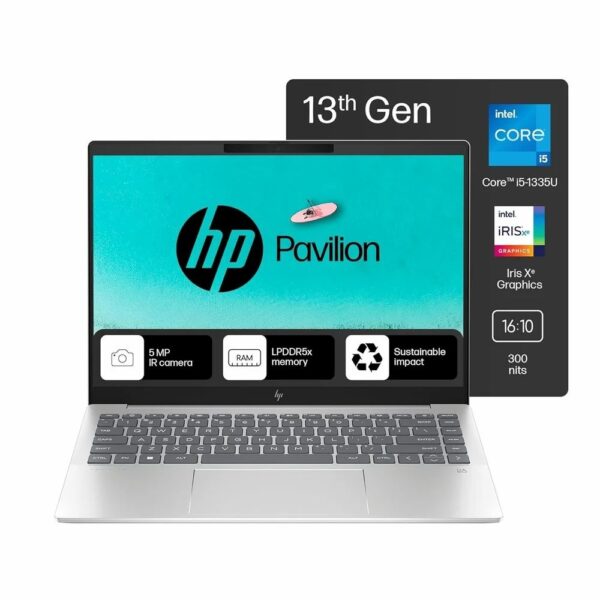 HP Pavilion Plus 14-ew0107tu, 14"-Inch 2K Display, Intel Core i5-1335U, 13th Gen, 1.3GHz up to 4.6GHz, 16GB DDR5 RAM, 512GB M.2 SSD, Backlit Keyboard, Windows 11 Home, Silver Color